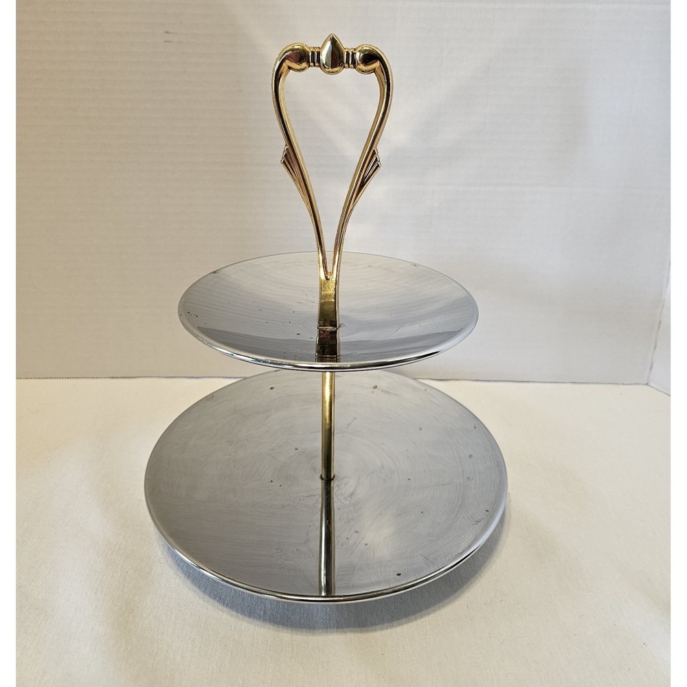 Vintage Kromex 2 Tier Serving Tray Gold Tone Handle